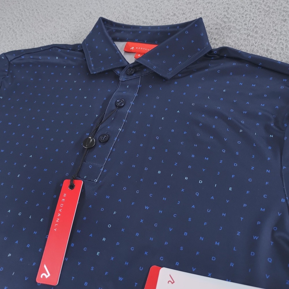 Redvanly PUREpoly Times Polo Shirt Mens Small Navy Golf Word Search R2507